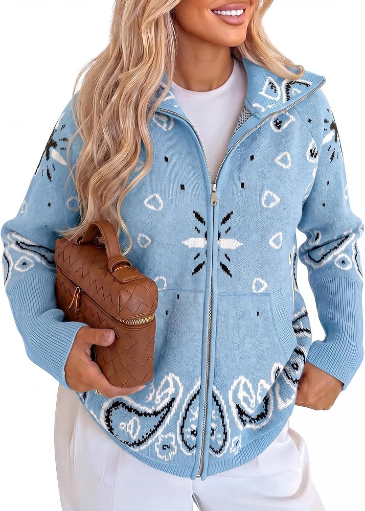 Cicy Bell Women Zip Up Cardigan Sweater Stand Collar Knit Printed Sweater | Amazon (US)