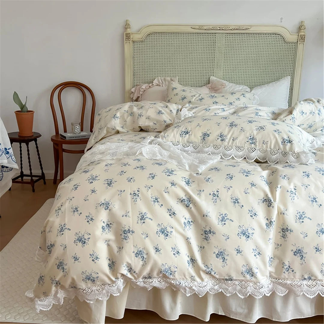 Blue Floral 100% Cotton Lace Ruffle Duvet Cover Set Princess - Etsy | Etsy (US)