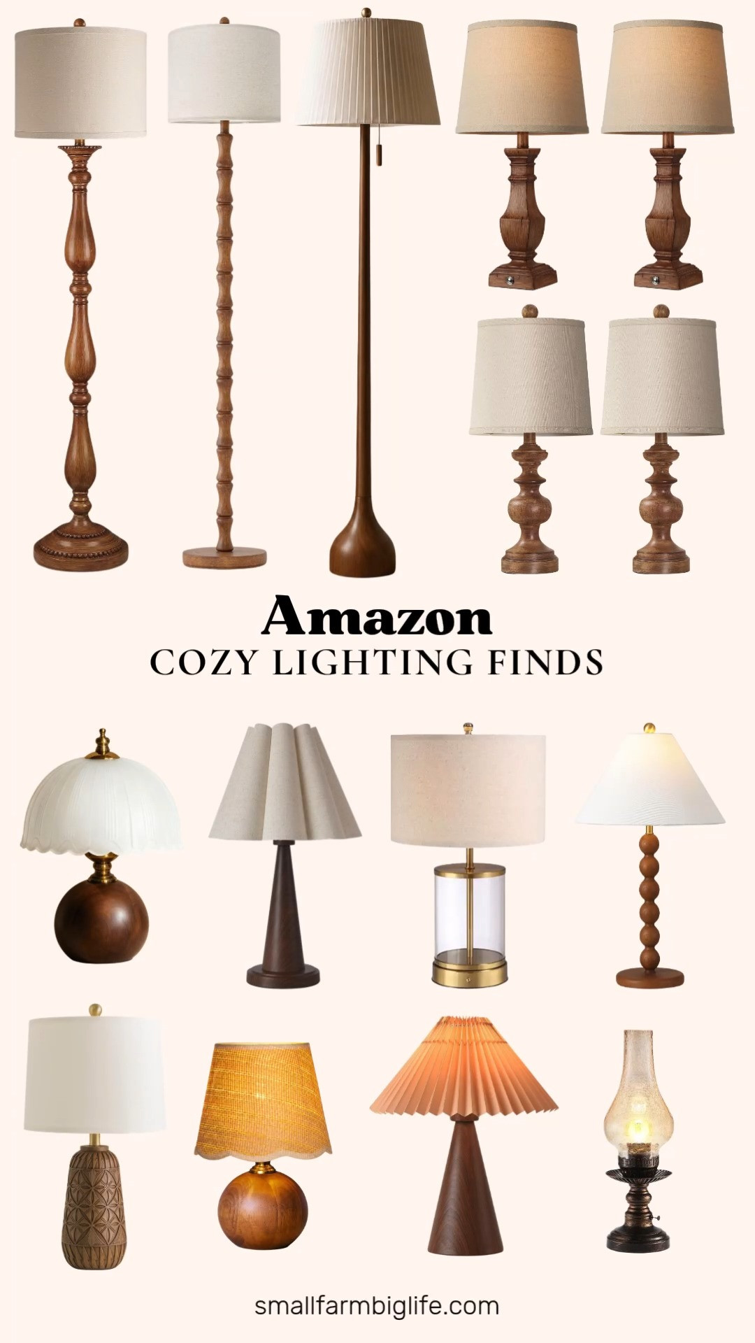 Cozy, dimmable lighting is such an easy way to make a home feel warmer as the days get shorter. This wooden table lamp with a frosted glass shade is such a soft, simple accent piece, and this rustic linen shade floor lamp brings such a warm, farmhouse feel to a living room corner. Loving this set of two rustic farmhouse table lamps for matching nightstands.

This tall resin floor lamp with a remote and adjustable color temperature is great for a reading nook, and this walnut mid century floor lamp is such a beautiful statement piece with its sculptural teardrop base. This boho linen shade lamp adds a relaxed, textured touch to any bedroom.

For something a little different, this cordless battery powered glass lamp is perfect for a dining table or spot without an outlet nearby. This resin stacked ball lamp brings in an organic, sculptural shape, and these small scalloped shade lamps are so charming on a nightstand or in a small space. Rounding it out with a vintage amber glass rechargeable lamp for the coziest ambient glow.

#cozyhome #falllighting #amazonhome #homedecor #warmminimalism 

 #LTKHome
