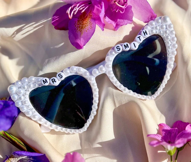 Pearl Customized Heart Shaped Bride Sunglasses - Custom Bridal Sunglasses for Bachelorette Party,... | Etsy (US)