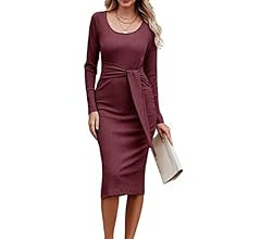 Women's Long Sleeve Square Neck Slit Bodycon Sweater Dress Tie Waist Ribbed Slim Fit Knit Midi Dr... | Amazon (US)