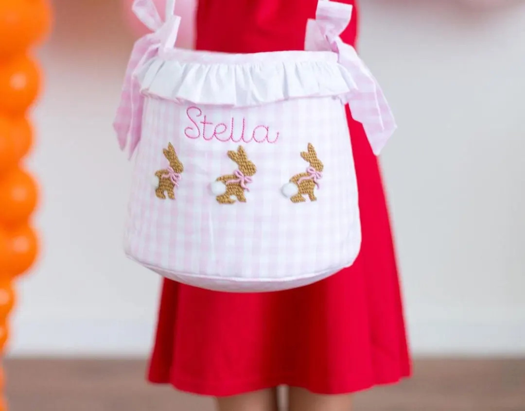 Girls Pink Gingham Embroidered Easter Basket w/ Three Bunnies, Personalized Easter Decor, Girls E... | Etsy (US)