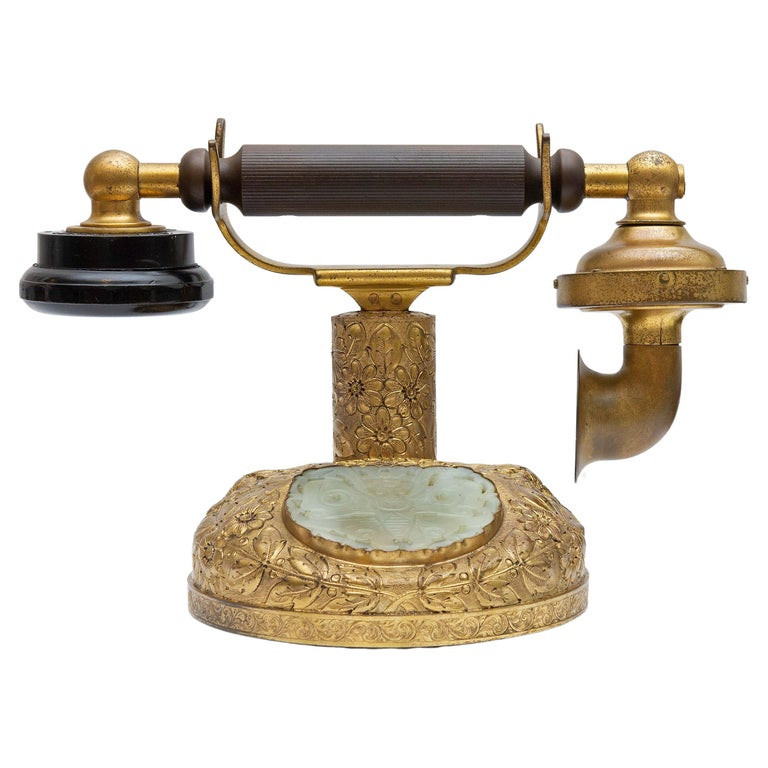Antique French Style  Chased Repoussé Gilt Telephone with Carved Jade Inset | 1stDibs