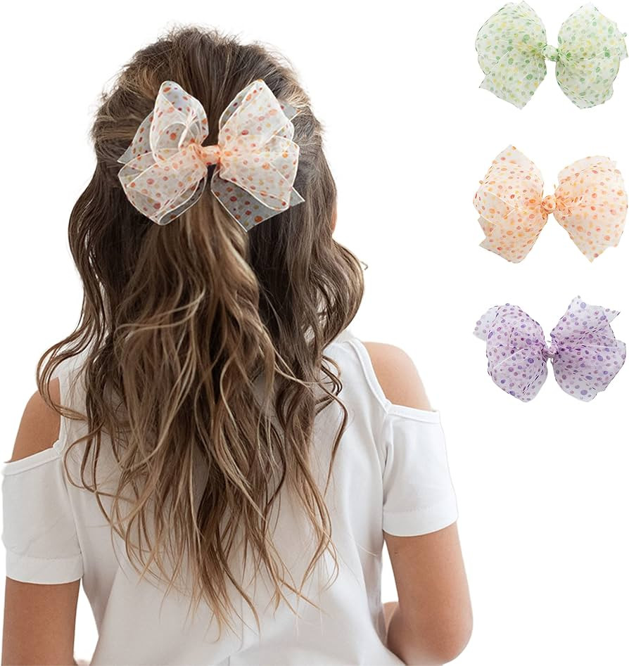 3Pcs Dotted Tulle Large Bow Hair Clip - For Girls and Women - Stylish Hair Accessory for Birthday... | Amazon (US)