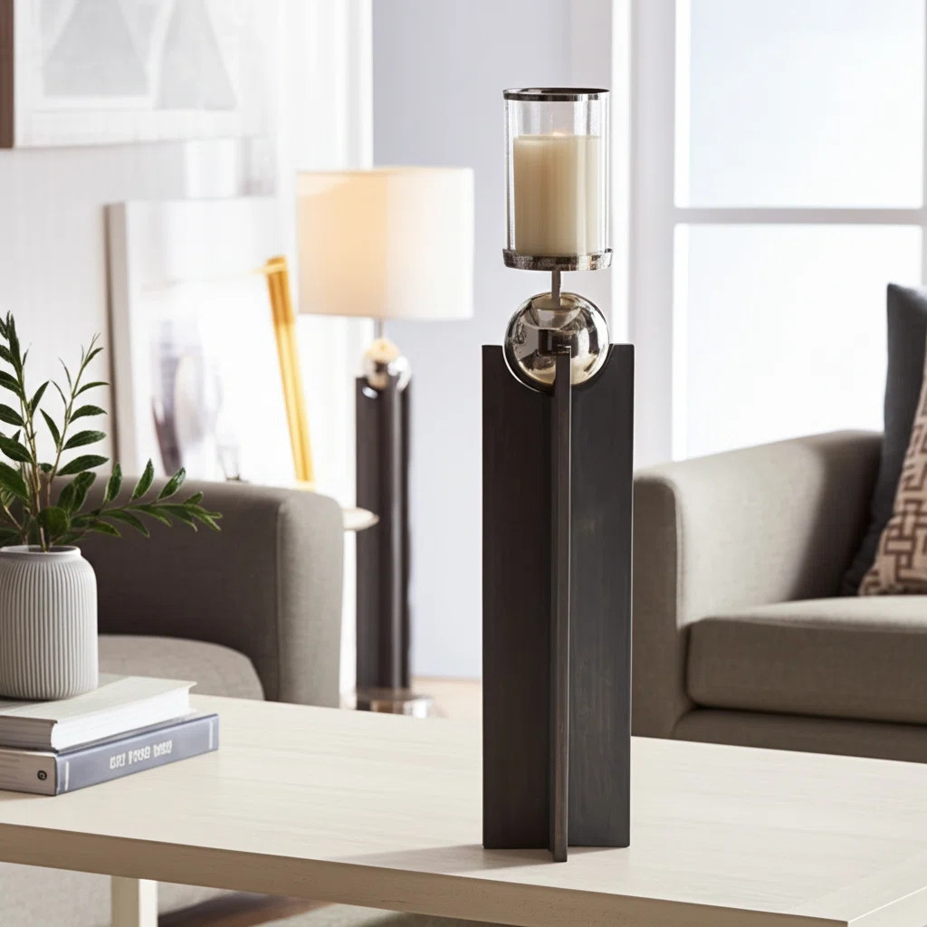 Modern Wood Pillar Candle Holder with Metal Sphere Accent - Decorative Tall Tabletop Candlestick ... | Wayfair North America