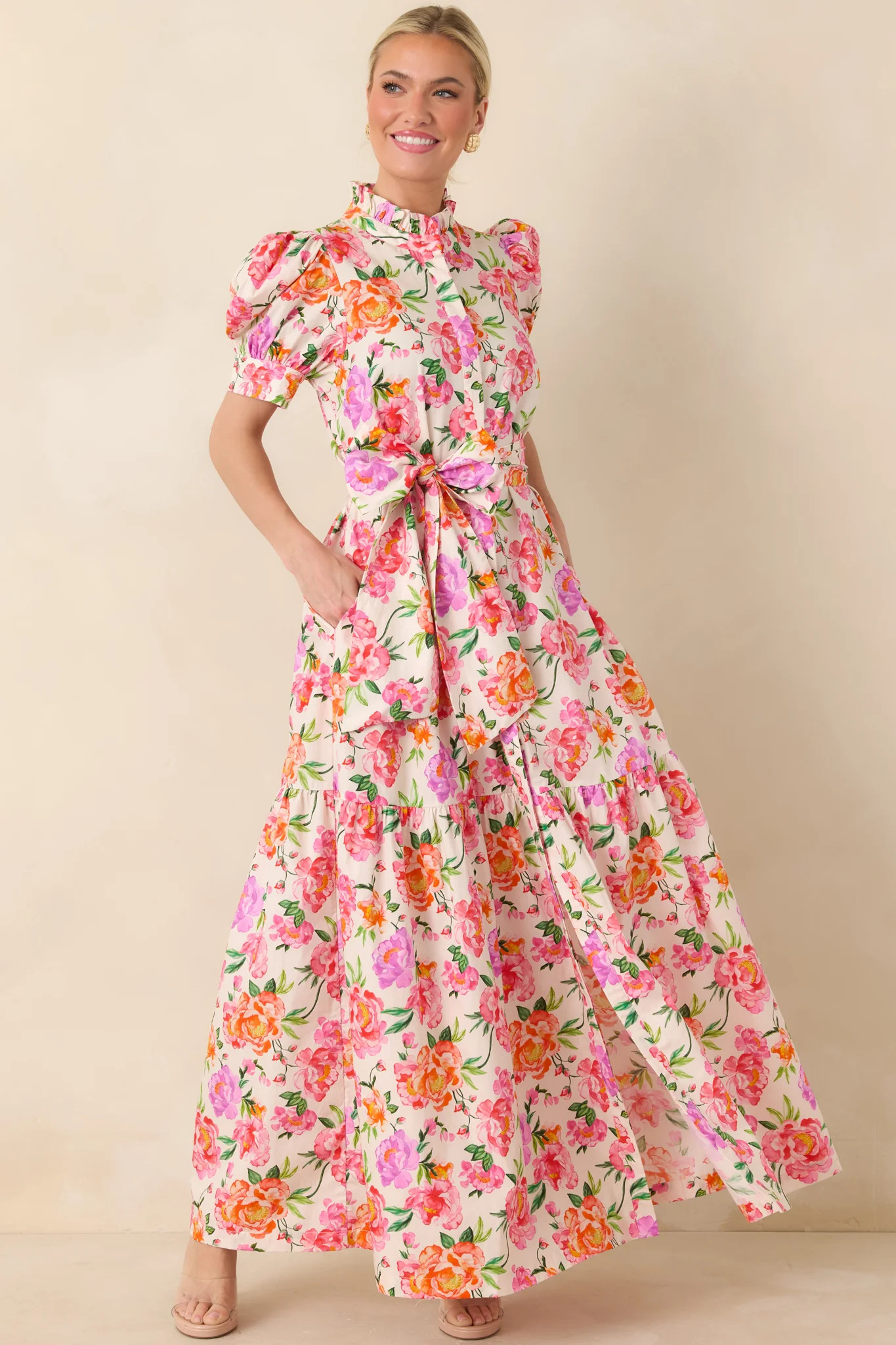 Prosperina Marguerite Pink Muti Floral Cotton Maxi Dress | Red Dress