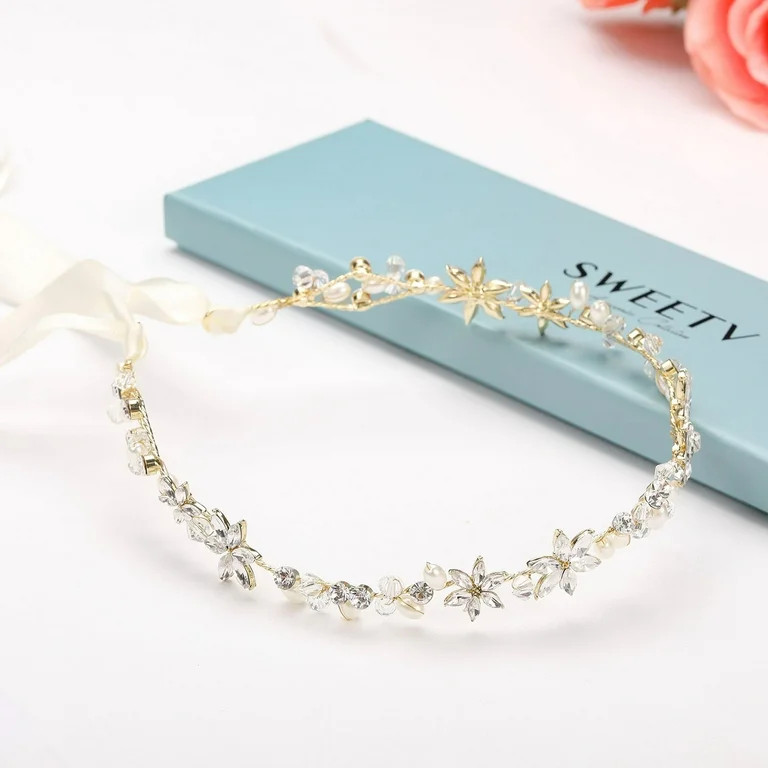 SWEETV Rhinestone Wedding Headband Hair Vine Headpieces Gold Bridal Hair Accessories for Brides -... | Walmart (US)
