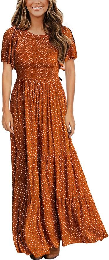 Amazon.com: Kranda Women's Round Neck Short Flutter Sleeve Smocked Ruffle Floral Maxi Dress : Clo... | Amazon (US)