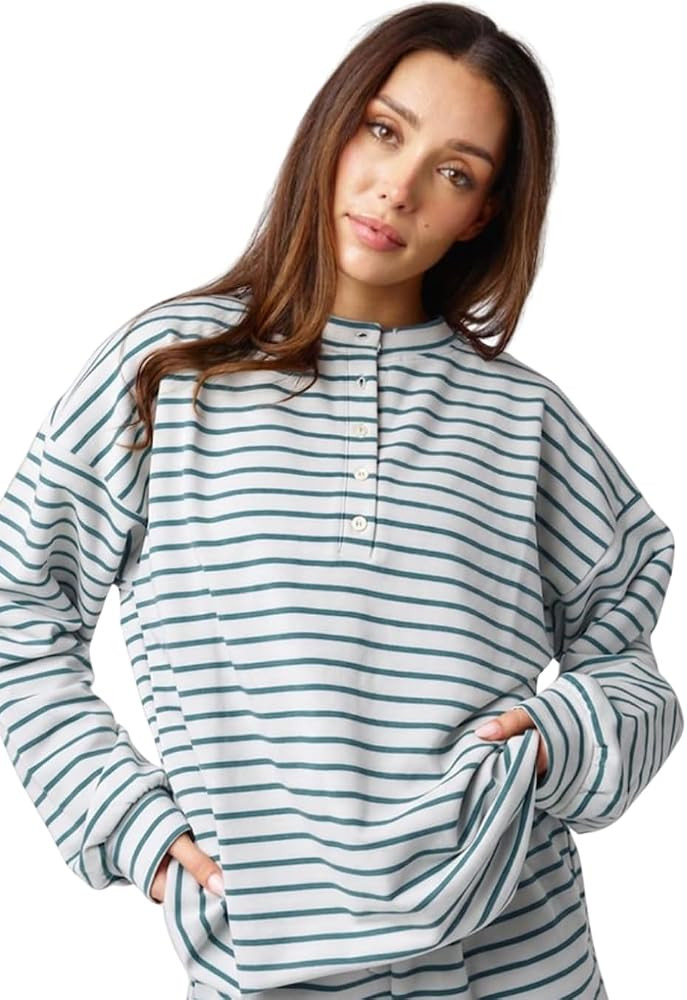 Almere Oversized Cotton Henley Longsleeve Tee, Striped Button Down, Boyfriend Fit | Amazon (US)