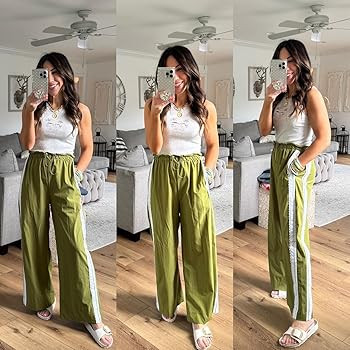 Women Baggy Track Pants Lace Side Stripe Drawstring Elastic Waist Wide Leg Parachute Pants with P... | Amazon (US)