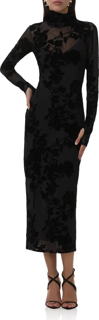 Shailene Flocked Long Sleeve Mesh Midi Dress | Nordstrom