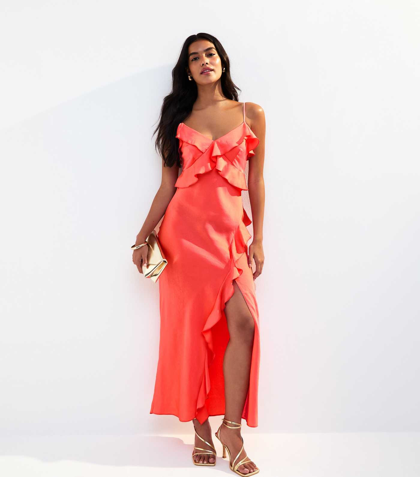Coral Frill Satin Midi Slip Dress | New Look | New Look (UK)