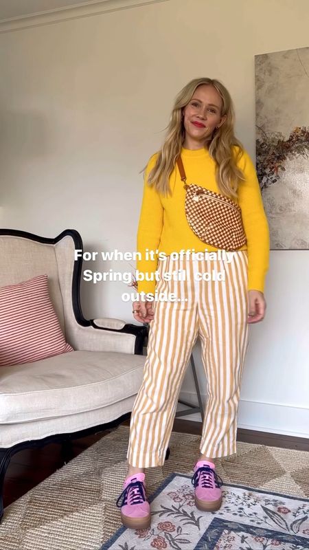A sunny yellow sweater has been a joyful addition to my Spring closet - available in 5 color options (see all below) linen stripe pants are old but linked similar. Adidas samba’s in pink, tortoise hoop earrings (on sale this weekend!) bombas no show sneaker socks, and Clare v bag. 
❤️ CLAIRE LATELY 

#LTKfindsunder100 #LTKSeasonal #LTKVideo
