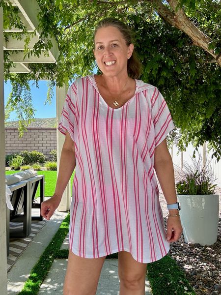 Love this pink striped bathing suit coverup for the summer. Great length, has pockets and a hood  

#LTKOver40 #LTKSwim #LTKMidsize