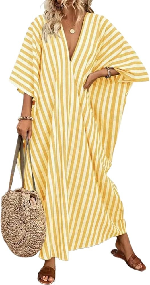 yoeasy Women's Summer Casual Striped Shirt Dress V-Neck Short Sleeve Beach Vacation Loose Long Dr... | Amazon (US)