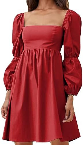 EXLURA Womens 2025 Square Neck Dress Long Puff Sleeve A-Line Casual Short Mini Dresses | Amazon (US)