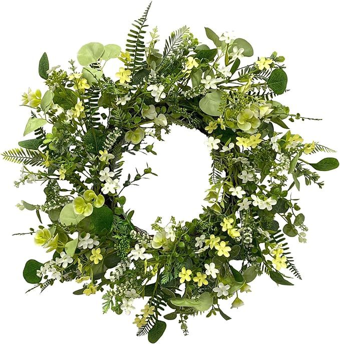 22 Inch White Artificial Daisy Flower Spring Wreath with Eucalyptus Green Leaves Wreath Farmhouse... | Amazon (US)
