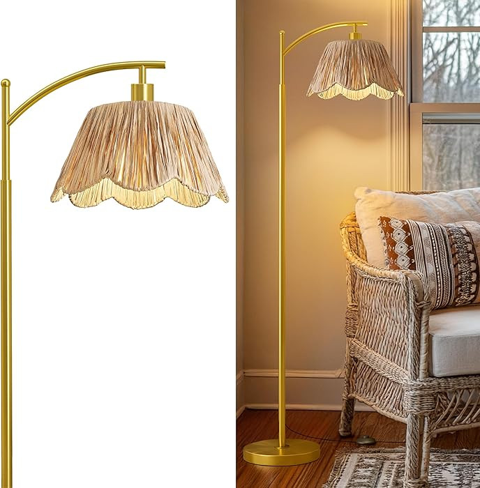 Oneach Arc Floor Lamp for Living Room,Rattan Boho Floor Lamp with Hand-Woven Shade, Foot Switch,G... | Amazon (US)