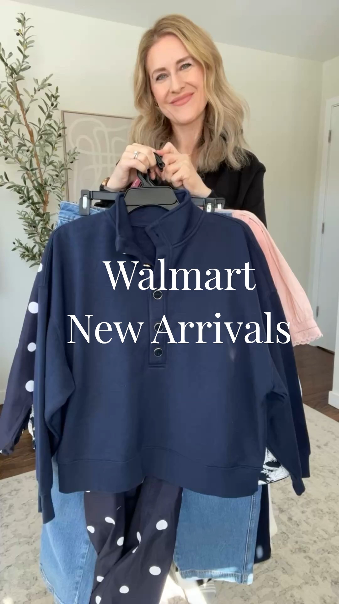Walmart new arrivals! Sizing: barrel jeans run big go down a size. Navy pullover tts small. Pink blouse tts small. Dress tts small. White jean tts 6. Pink sweater runs small go up (I’m in a medium). Fleece pants tts small. White tee small. Denim jacket I went up one size to a medium for a relaxed fit. #walmartfashion 

#LTKOver40