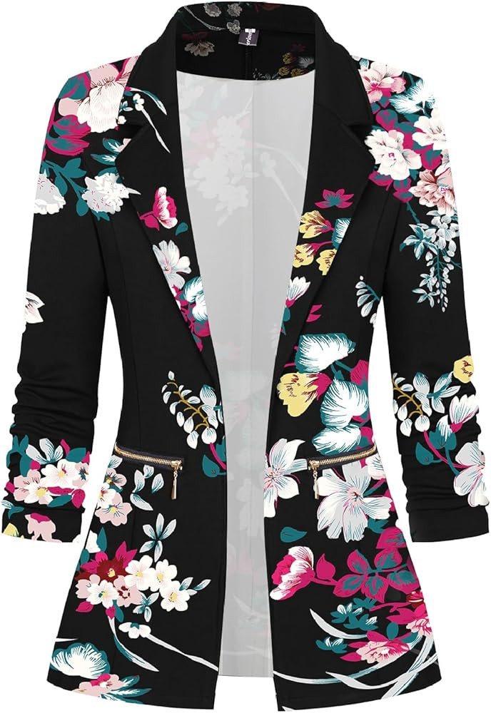 Genhoo Women's Long Sleeve Blazer Open Front Cardigan Jacket Work Office Blazer with Zipper Pocke... | Amazon (US)