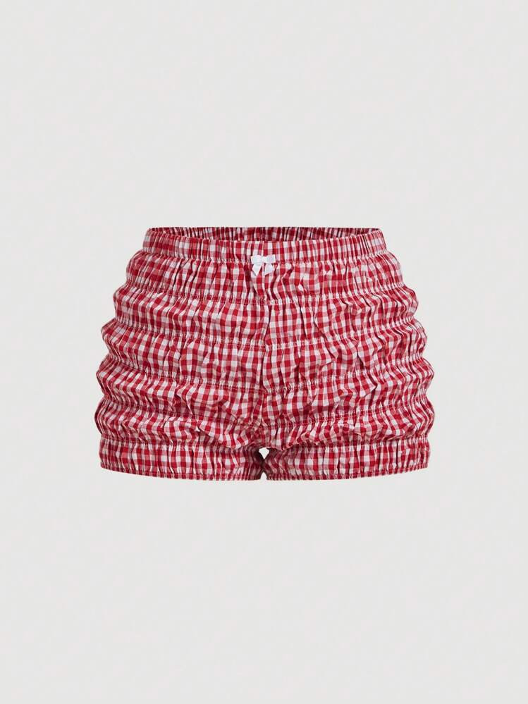 SHEIN MOD Plus Size Red & White Plaid Bow Decor Casual Shorts For Summer | SHEIN