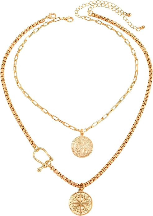 QCWN Gold Layered stacked Necklaces for women 3PS Chunky Statement Necklaces Stack Mixed Metal Ch... | Amazon (US)