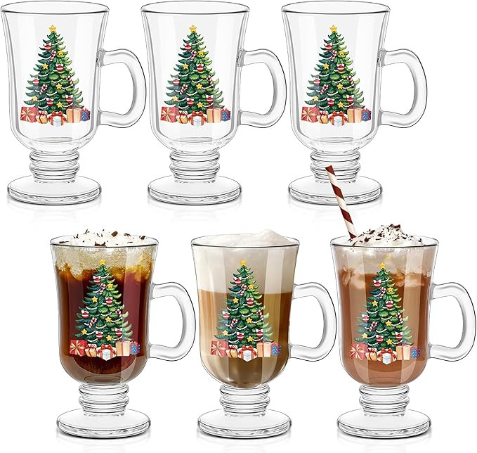 Sliner 6 Pcs Christmas Tree Coffee Mugs Irish Glass Coffee Mugs 8 oz Glass Footed Espresso Cups w... | Amazon (US)