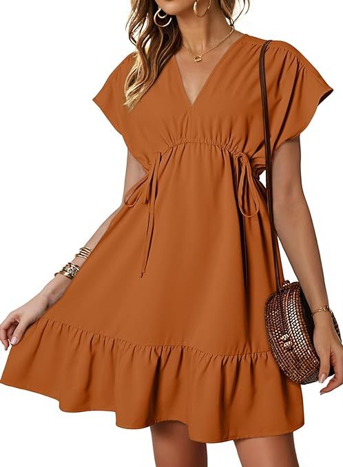 Dokotoo Womens Summer Dresses 2024 Short Sleeve V Neck Drawstring Casual Ruffle A-Line Swing Mini... | Amazon (US)