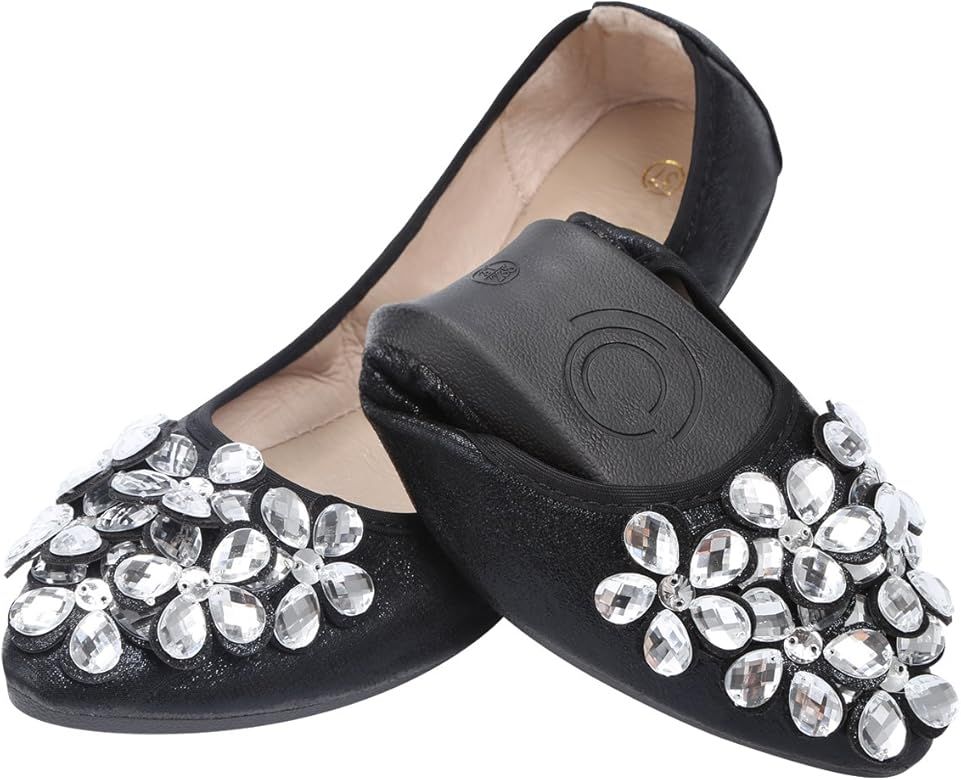 KUNWFNIX Women Ballet Flats Rhinestone Wedding Ballerina Shoes Foldable Sparkly Comfort Slip on Flat | Amazon (US)