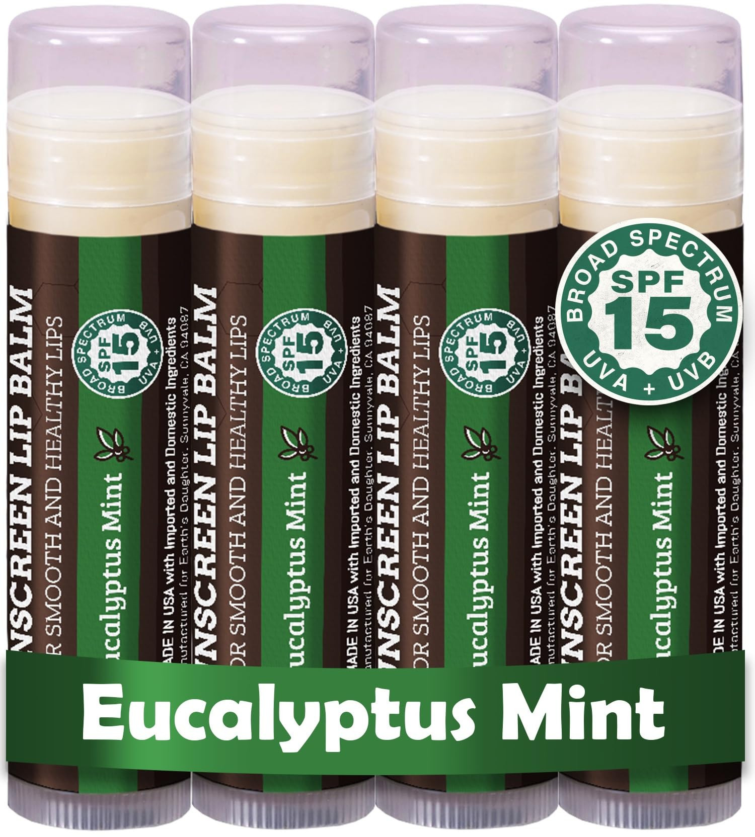 Earth's Daughter SPF Lip Balm Eucalyptus Mint 4-Pack - Lip Sunscreen, SPF 15, Organic Ingredients... | Amazon (US)