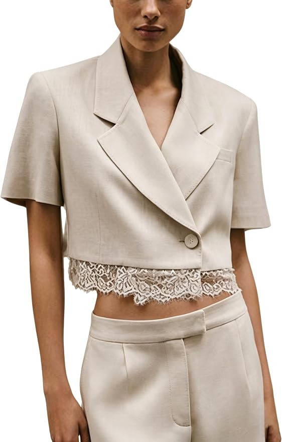 Linen Blazer for Women Cropped Business Casual Jacket Lace Hem Lightweight Office Work Suit Blaze... | Amazon (US)