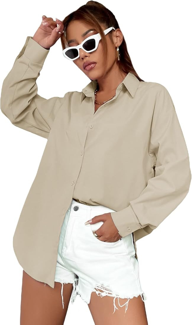MakeMeChic Women's Oversized Button Down Shirts Collared Button Up Shirt Blouse Top | Amazon (US)