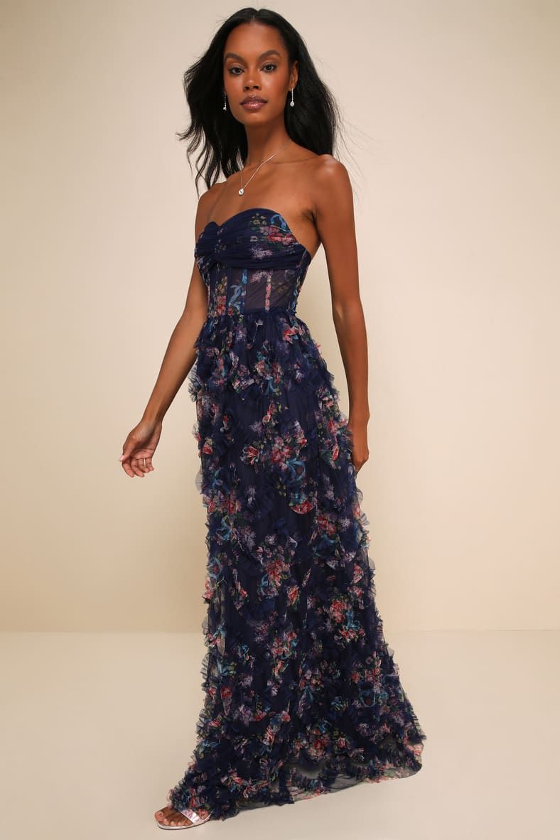 Stunning Element Navy Floral Mesh Ruffled Strapless Maxi Dress | Lulus