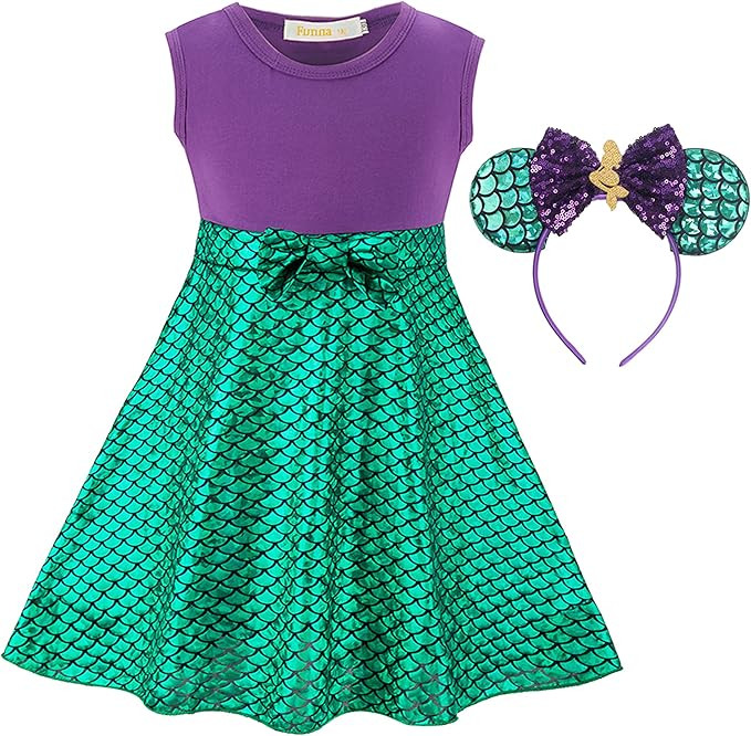 Funna Mermaid Costume for Girls Mommy and Me Princess Dress with Ears Headband | Amazon (US)