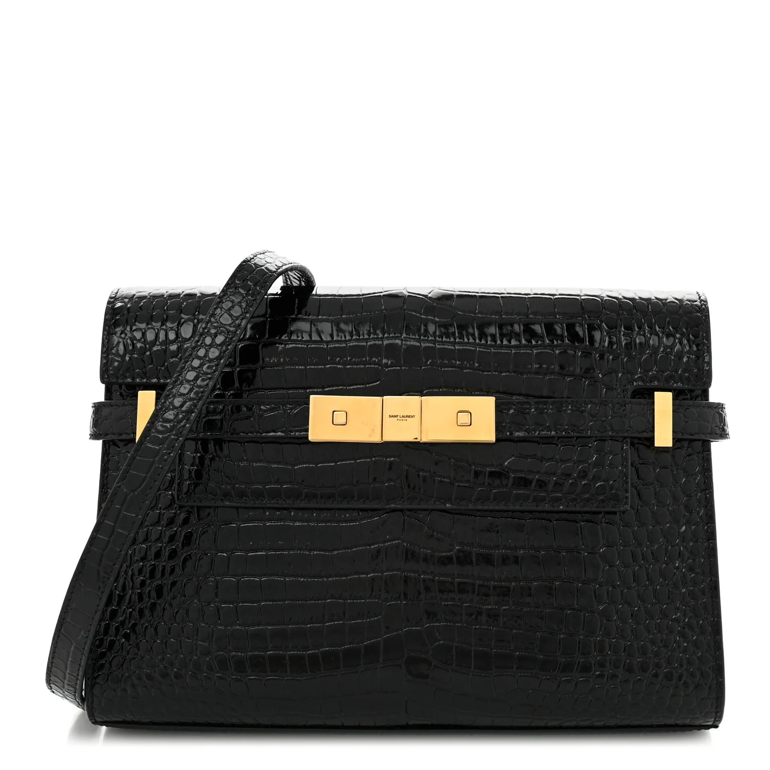Saint Laurent Shiny Calfskin Crocodile Embossed Small Manhattan Baguette Black 1703161 | FASHIONPHILE (US)