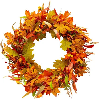 Fall Harvest Wreath for Front Door with Sunflowers, Autumn Leaves, Pumpkins and Berries, Rustic Farmhouse Thanksgiving Wreath for Indoor Outdoor Home | Wayfair North America