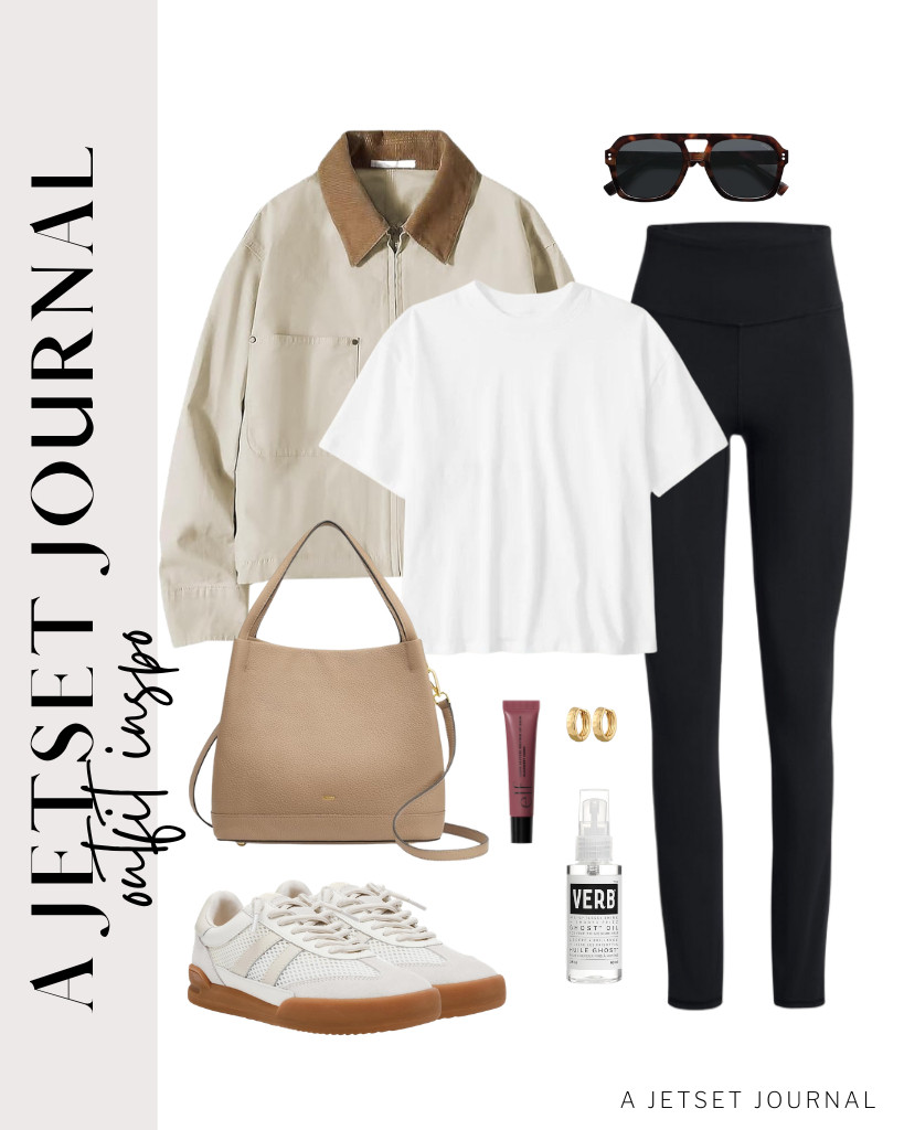 I love how versatile and comfortable black leggings are. They can be paired with a plain white cropped t-shirt and a zip-up barn jacket. To complete the look, add a soft leather bucket bag, some sneakers, and SOJOS sunglasses. Wearing a pair of gold chunky hoop earrings is a great way to enhance the vibe. 

 #LTKSeasonal #LTKSaleAlert