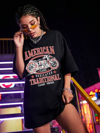 SHEIN Coolane Camiseta Feminina Solta Vintage De Motocicleta E Impressão De Letras Para O Verão | SHEIN