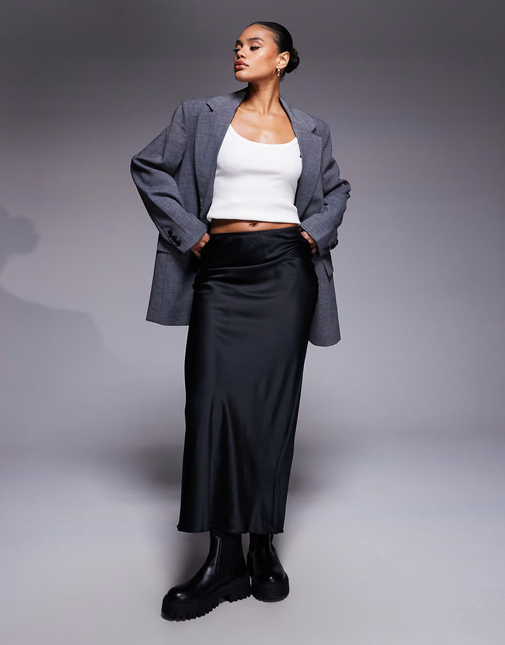 River Island satin maxi skirt in black | ASOS (Global)