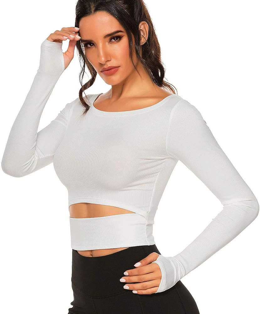 KIWI RATA Women Seamless Long Sleeve Yoga Gym Crop Top Thumb Hole Fitted Sportwear Activewear Shi... | Amazon (US)