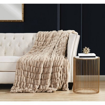 50"x70" Oversized Home Ruched Faux Rabbit Fur in Gift Box Throw Blanket Tan - Badgley Mischka | Target