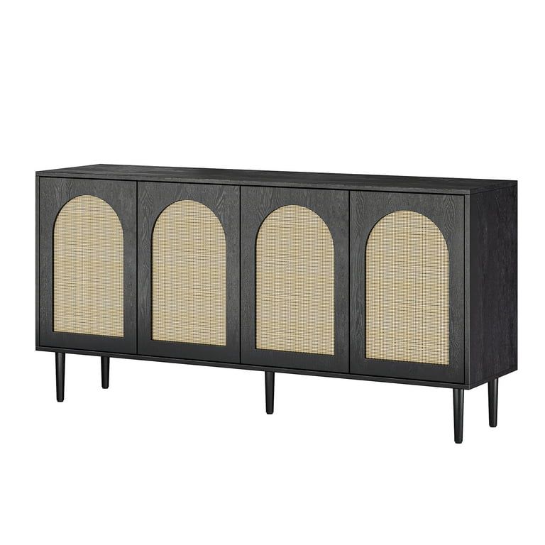 14 Karat Home 63" Wooden Sideboard 4 Doors Kitchen Storage Rattan Cabinet Living Room Adult Black | Walmart (US)