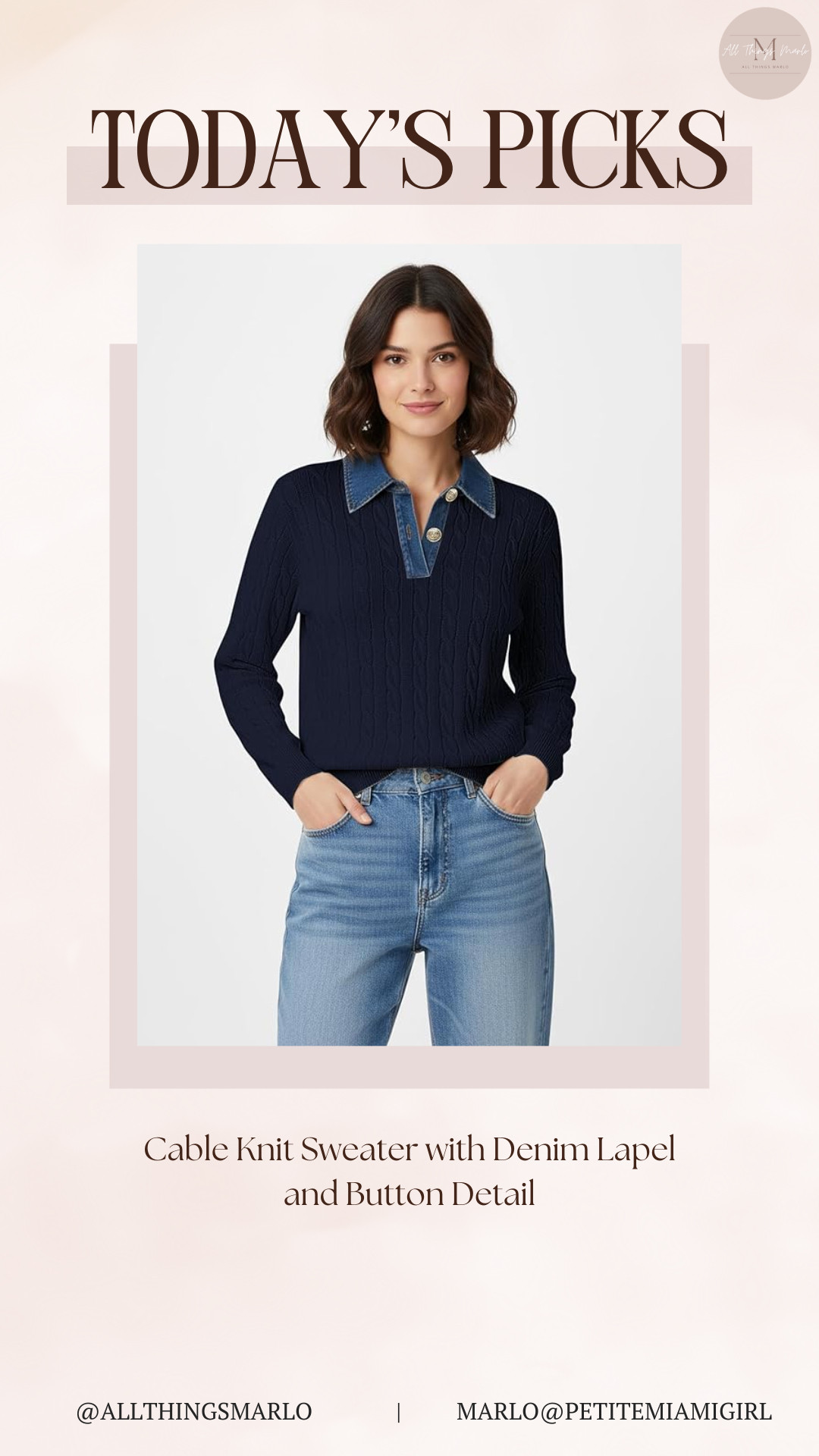 Cable Knit Sweater with Denim Lapel and Button Detail 

 #LTKSeasonal #LTKWorkwear #LTKTravel