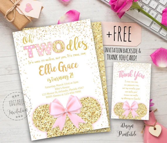 Minnie Mouse Twodles Invitation, Pink & Gold Minnie Mouse Twodles Birthday Invitation, Minnie Mou... | Etsy (US)