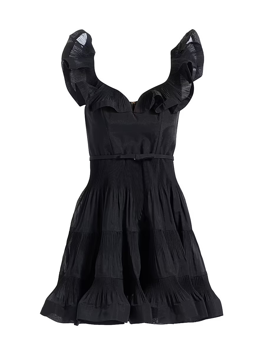 Women's Pleated Frill Belted Minidress - Black - Size 0 | Saks Fifth Avenue