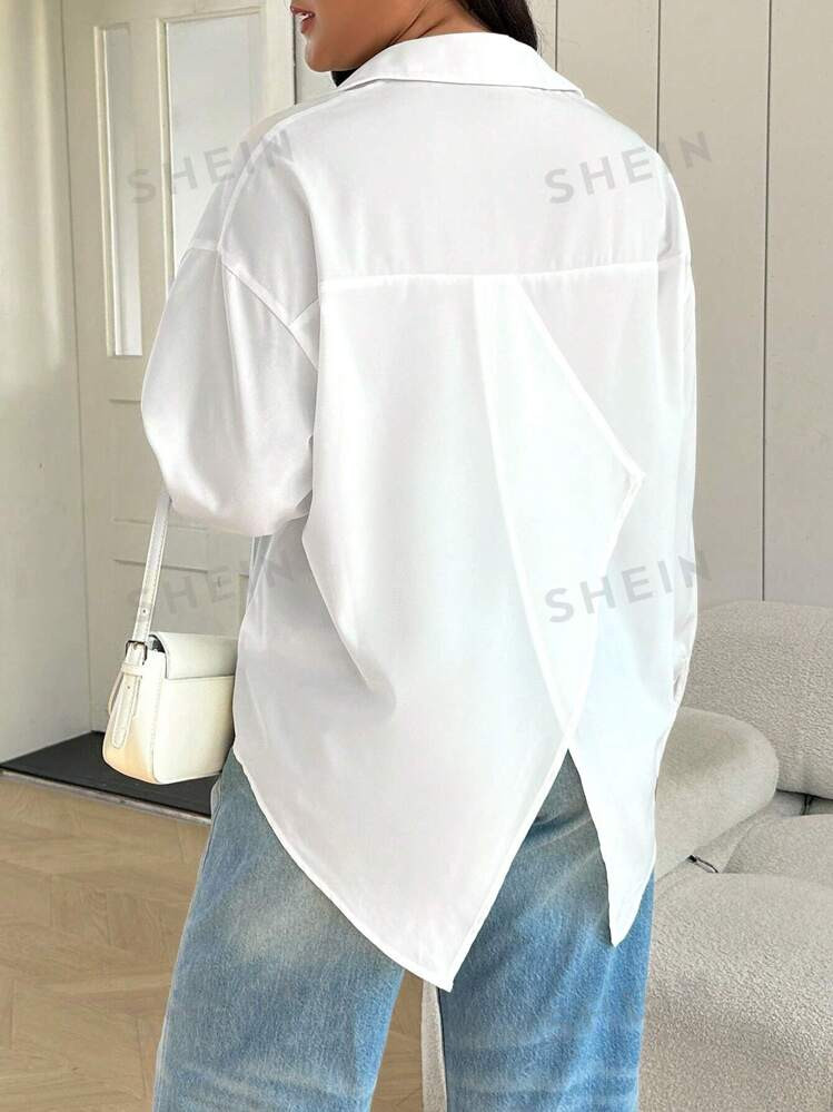 SHEIN Essnce Women's Plus Size Asymmetrical Back Casual Loose Long Sleeve Shirt For Spring And Su... | SHEIN