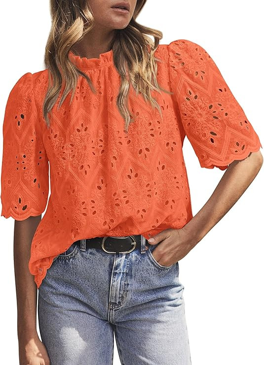 PRETTYGARDEN Summer Tops for Women 2026 Short Sleeve Embroidered Eyelet Shirts Dressy Casual Blou... | Amazon (US)