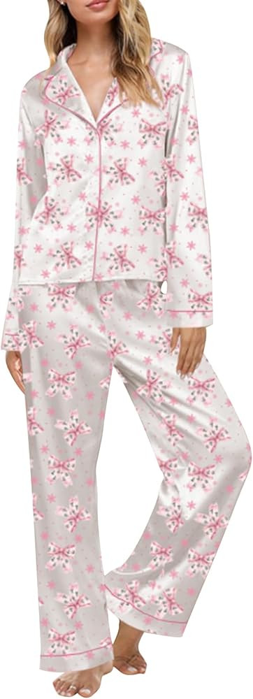 SOLILOQUY Women 2 Piece Christmas Pajmas Set Satin Silk Long Sleeve Shirt and Elastic Pants Cute ... | Amazon (US)