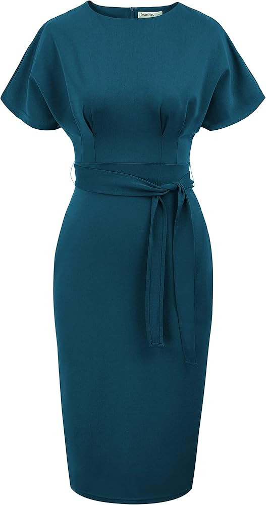 JASAMBAC Women's Bodycon Pencil Dress Office Wear to Work Dresses with Pocket Belt | Amazon (US)