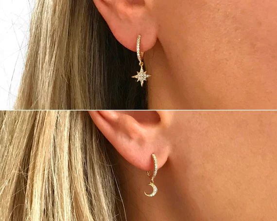 Moon & Star Hoop Earrings  Mismtached Gold Star Paved Hoop | Etsy | Etsy (US)